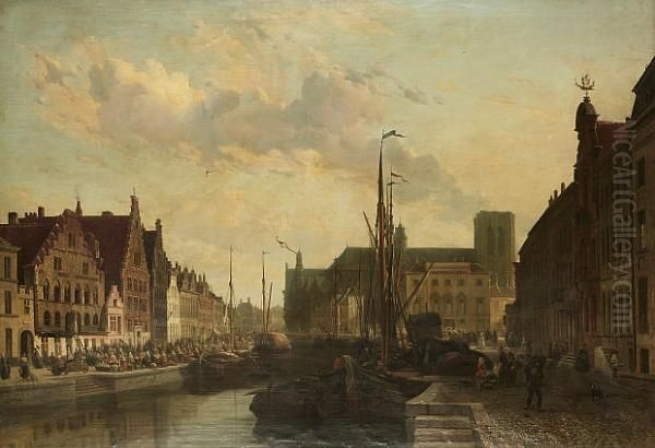 The Leie In Gent, With A Busy Quayside Oil Painting by Francois Jean Louis Boulanger