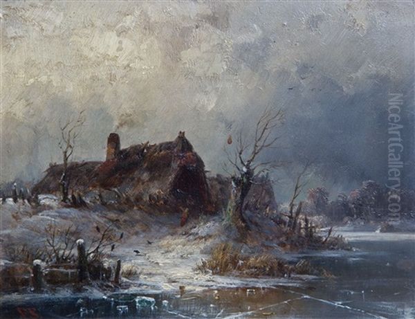 Einsame Hutten An Winterlichem Bachlauf Oil Painting by Friedrich Salzer