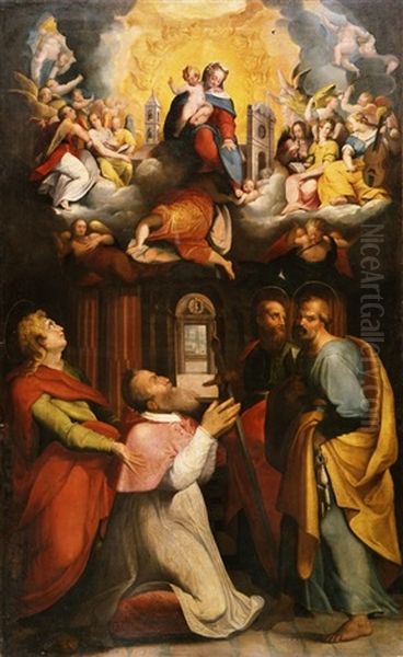 Apparizione Della Madonna Di Loreto Ad Un Cardinale Di Nome Giovanni, Tra I Santi Giovanni, Pietro E Paolo Oil Painting by Orazio Samacchini