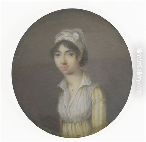 Portrait De Jeune Femme En Robe Rayee Jaune Et Blanc, Sa Gorge Recouverte D'un Fichu Oil Painting by Jean Baptiste Sambat