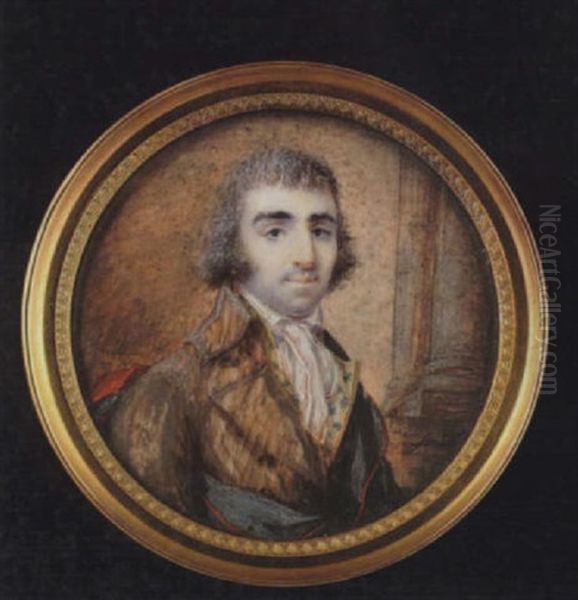 A Gentleman With Powdered Hair, Wearing Brown Coat, Green Figured Yellow Waistcoat, White Cravat And Grey-blue Sash Oil Painting by Jean Baptiste Sambat