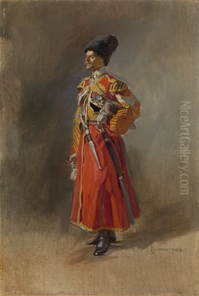 Portrait Of A Cossack Officer Oil Painting by Nikolai Semenovich Samokish