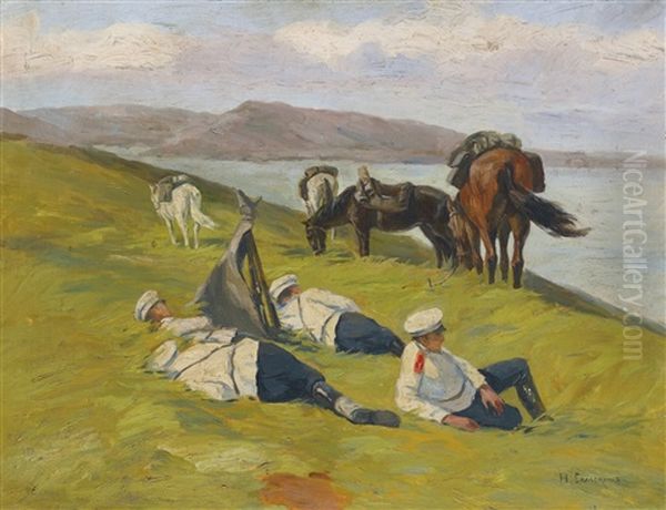 Resting Dragoons, The Russo-japanese War Oil Painting by Nikolai Semenovich Samokish