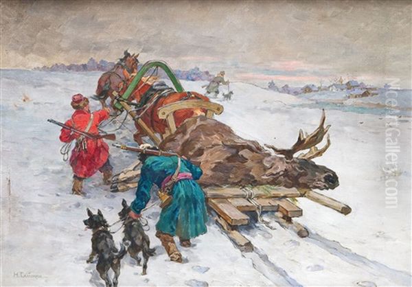 Ruckkehr Nach Erfolgreicher Elchjagd Oil Painting by Nikolai Semenovich Samokish