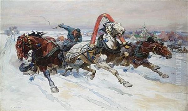 Speeding Troika Oil Painting by Nikolai Semenovich Samokish