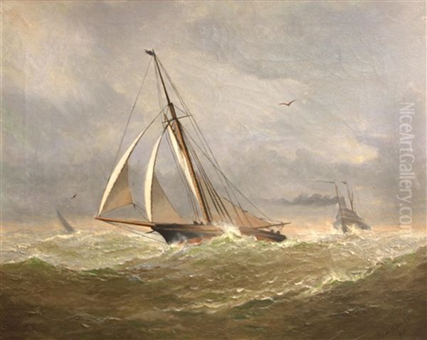 Sailboat In Rough Seas Oil Painting by Frederick Schauchardt Samuels