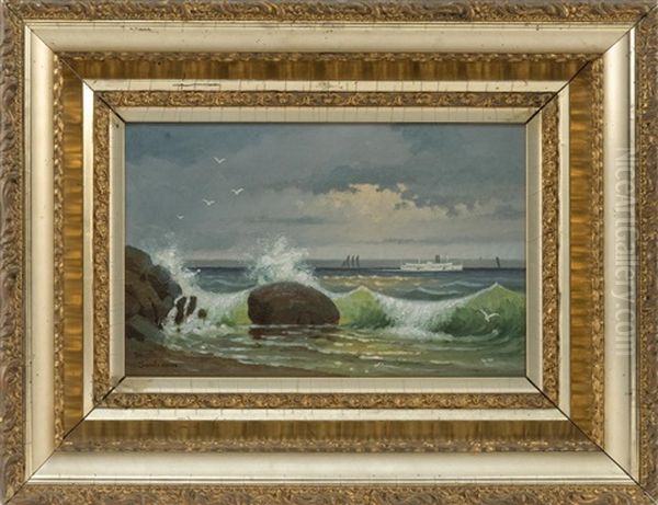 A Steamer Off A Rocky Coast Oil Painting by Percy A. Sanborn