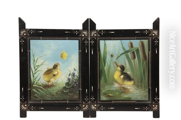 Pair Of Genre Paintings: Duckling With Spider And Chick With Butterfly Oil Painting by Percy A. Sanborn