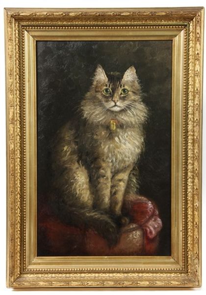 Grey Haired Cat With Bell On Collar, Seated On Tuffet Oil Painting by Percy A. Sanborn