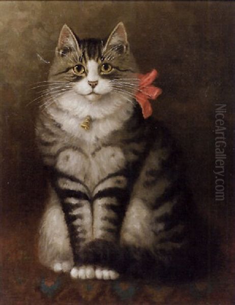 Gray Tiger Cat With Red Bow Oil Painting by Percy A. Sanborn