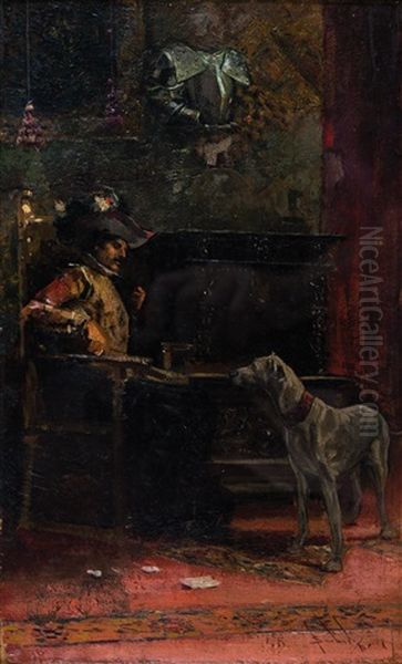 Interno Con Figura E Cane Oil Painting by Salvador Sanchez Barbudo