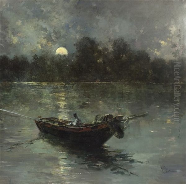 Lago Trasimeno/fishermen On A Boat In Moonlight Oil Painting by Salvador Sanchez Barbudo