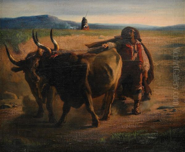 Landskap Med Herdar Och Tjurar Oil Painting by Auguste I Boulard