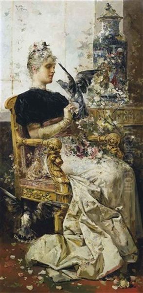 An Elegant Lady Seated In An Interior Oil Painting by Salvador Sanchez Barbudo