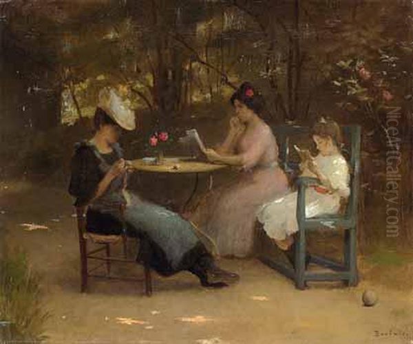 Zwei Junge Damen Und Ein Kind An Einem Tisch Lesend Und Strickend In Einem Park Sitzend. Oil Painting by Auguste I Boulard