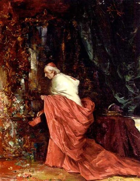 A Cardinal In A Lavish Interior Oil Painting by Salvador Sanchez Barbudo