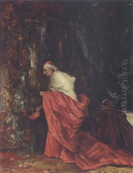 A Cardinal In Lavish Interior Oil Painting by Salvador Sanchez Barbudo