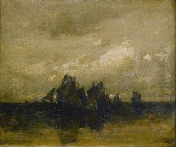 Voiliers En Mer Oil Painting by Auguste I Boulard