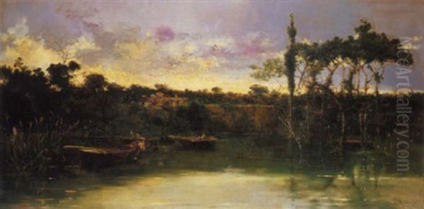 Sul Lago Di Piediluco, 1895 Oil Painting by Salvador Sanchez Barbudo