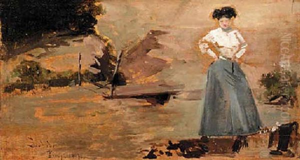 A Lady Standing Near A Stream Oil Painting by Salvador Sanchez Barbudo