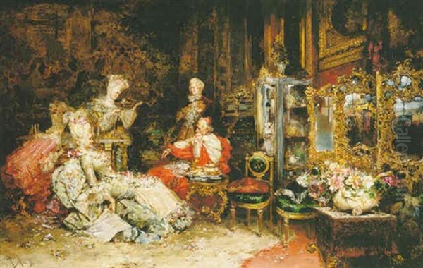 A Musical Tea-party Oil Painting by Salvador Sanchez Barbudo