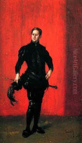 Caballero De Negro Con Jubon Y Espada Oil Painting by Salvador Sanchez Barbudo