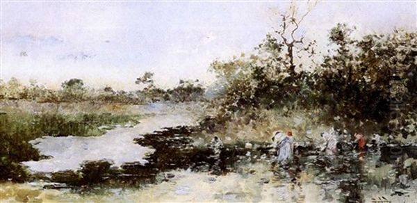 Washerwomen By A River Oil Painting by Salvador Sanchez Barbudo