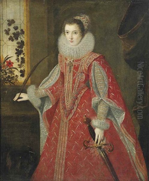 Portrait Of An Infanta As Saint Catherine Of Alexandria, Three-quarter-length, In A Gold Embroidered Red Dress, Standing In An Interior By A Window by Alonso Sanchez Coello