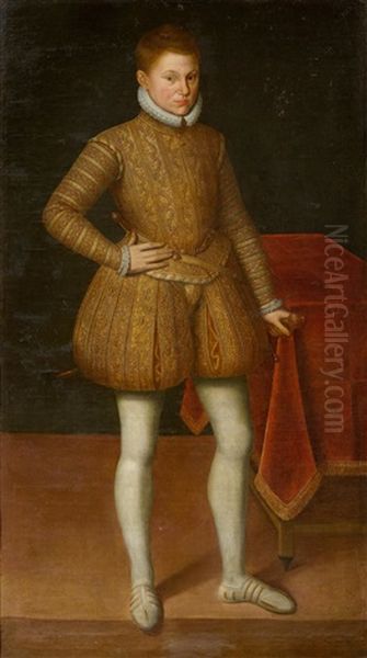 Standing Portrait Of A Young Man, Possibly Don Juan De Austria (1547-1578), Commander Of The Spanish Fleet And Governor Of The Netherlands Under The Habsburgs Oil Painting by Alonso Sanchez Coello