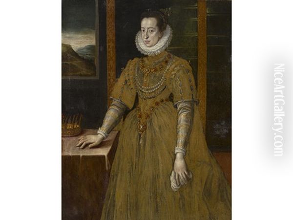 A Portrait Of A Noblewoman, Three-quarter Length, Standing, Her Hand Resting On A Table Oil Painting by Alonso Sanchez Coello