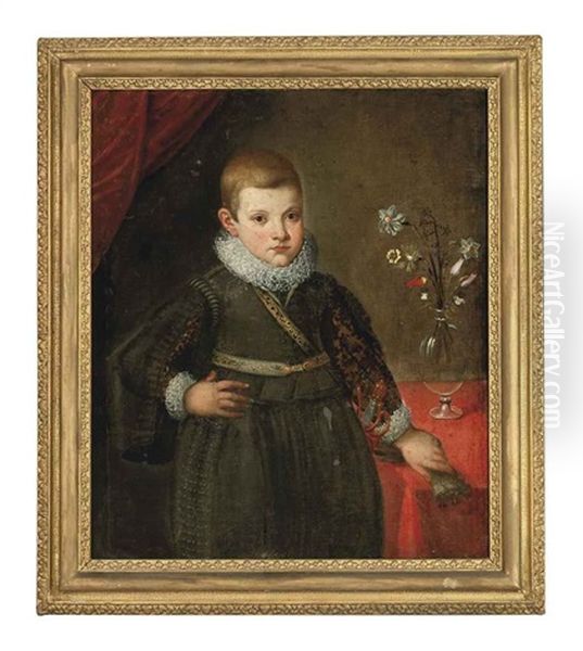 Portrait Of A Young Boy, Three-quarter-length, In A Green Jerkin And Hose, His Left Hand Resting On A Draped Table Oil Painting by Alonso Sanchez Coello