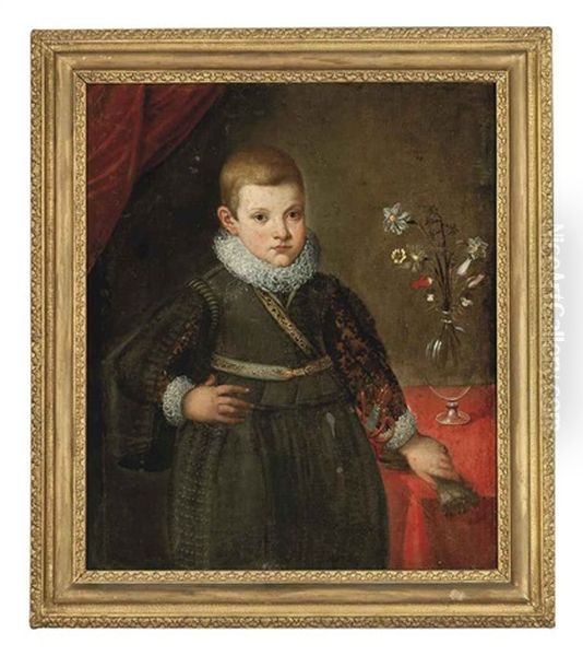 Portrait Of A Young Boy In A Green Jerkin And Hose, His Left Hand Resting On A Draped Table Oil Painting by Alonso Sanchez Coello