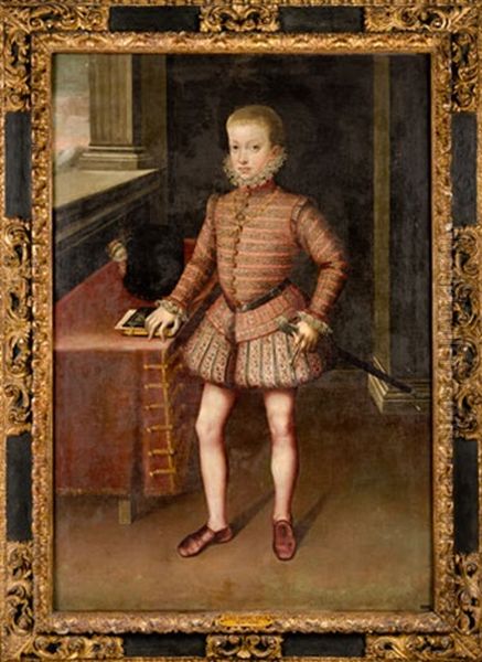 Retrato Del Infante D. Carlos, Promogenito De Felipe Ii Apoyado En Un Bufete Cubierto Con Terciopelo Carmesi Oil Painting by Alonso Sanchez Coello