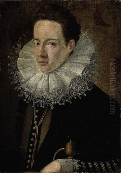 Portrait Of A Gentleman In A Black Jacket With A Lace Ruff, His Right Hand Resting On The Hilt Of A Sword Oil Painting by Alonso Sanchez Coello