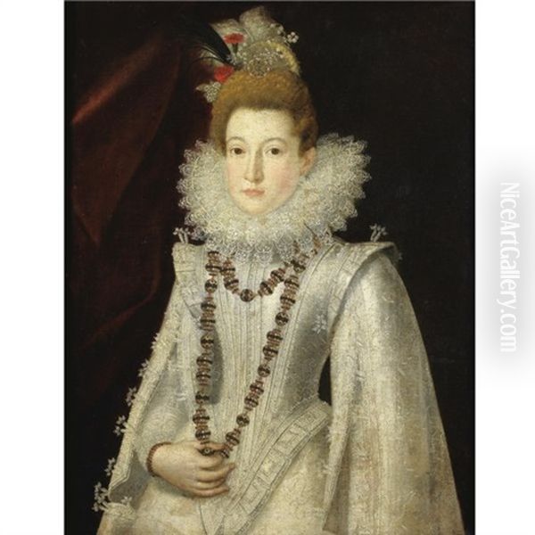 Portrait Of A Lady Wearing A White Richly Embroidered Dress And Holding A Necklace Oil Painting by Alonso Sanchez Coello