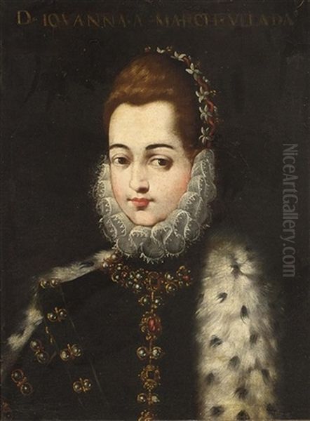 A Portrait Of A Noble Lady Wearing A Dress Decorated With Gold And Gemstones, A White Lace Collar And An Ermin-lined Coat Oil Painting by Alonso Sanchez Coello