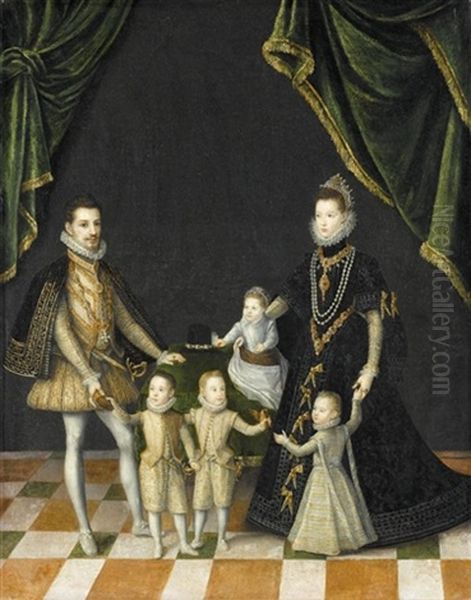 Group Portrait Of The Family Of Carlo Emanuele, Duke Of Savoy And Dona Catalina Micaela, Infanta Of Spain, Archduchess Of Austria, With Their Children Oil Painting by Alonso Sanchez Coello