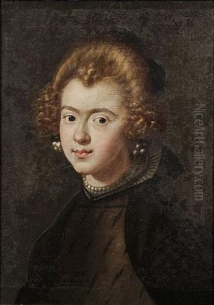 Portrait Of A Lady In A Grey Slashed Dress And A Black Wrap, With A Lace Collar And Pearl Choker And Earrings Oil Painting by Alonso Sanchez Coello