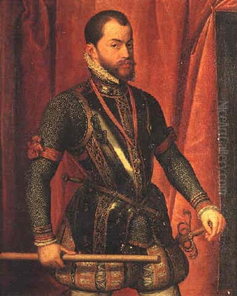 Portrait Of Philip Ii Of Spain, Standing Three-quarter Length Before A Red Velvet Curtain, Wearing An Ornate Breast Plate And The Order Of The Golden Fleece, And Holding  Baton In His Left Hand Oil Painting by Alonso Sanchez Coello