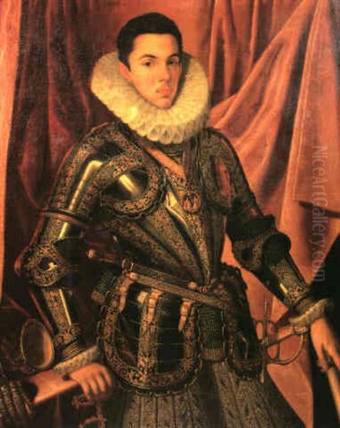 A Portrait Of A Nobleman, Three Quarter Length Wearing      Dress Armour With Elaborate Ornamentation In Gold And The Oil Painting by Alonso Sanchez Coello