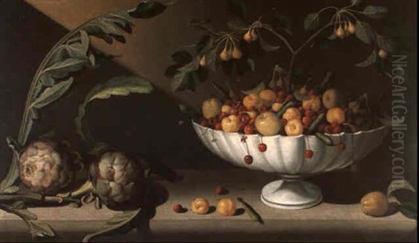 Still Life Of Fruit In A Bowl With Two Artichokes Oil Painting by Juan (Fray) Sanchez y Cotan