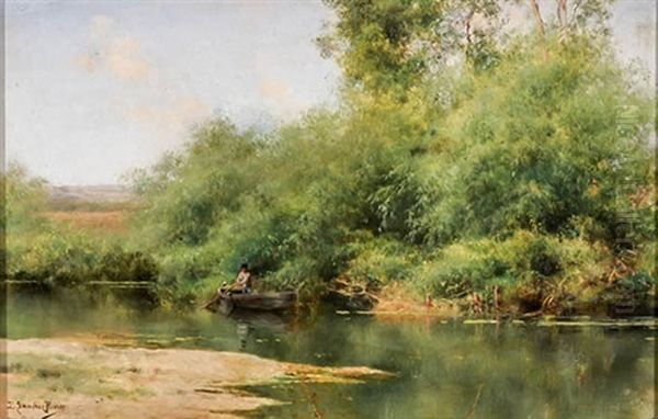 Figure With Boat In A Landscape Oil Painting by Emilio Sanchez-Perrier