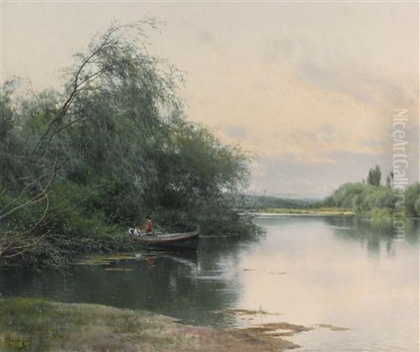 A Quiet Afternoon On The River Oil Painting by Emilio Sanchez-Perrier