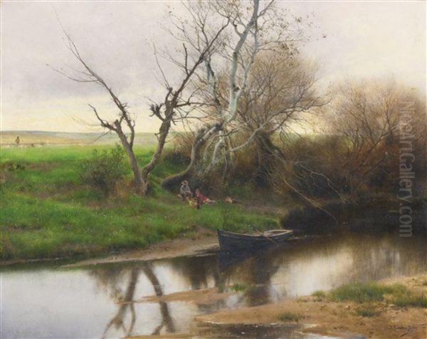 A Quiet Stretch Of River Oil Painting by Emilio Sanchez-Perrier