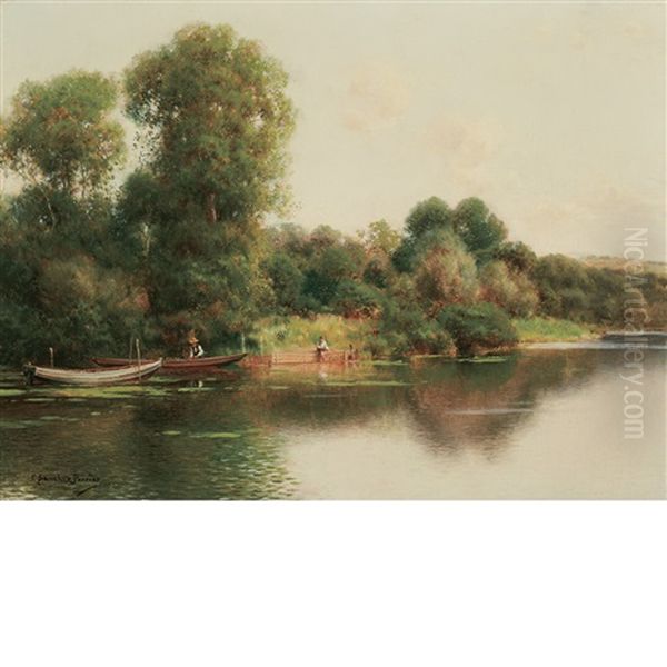 A Quiet Stretch Of The River Oil Painting by Emilio Sanchez-Perrier