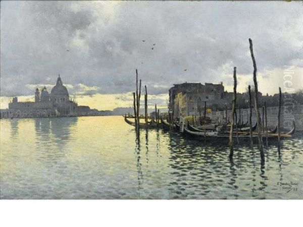 Evening, Looking Towards The Grand Canal With Santa Maria Della Salute In The Distance Oil Painting by Emilio Sanchez-Perrier