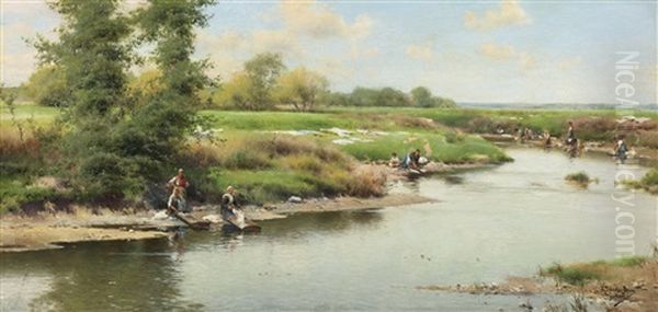 Washerwomen At The Edge Of The River, Guillena Oil Painting by Emilio Sanchez-Perrier