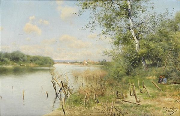 A Tranquil River With A View Of A Town, Possibly Seville Oil Painting by Emilio Sanchez-Perrier