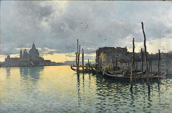 Evening, Looking Towards The Grand Canal With Santa Maria Della Salute In The Distance Oil Painting by Emilio Sanchez-Perrier