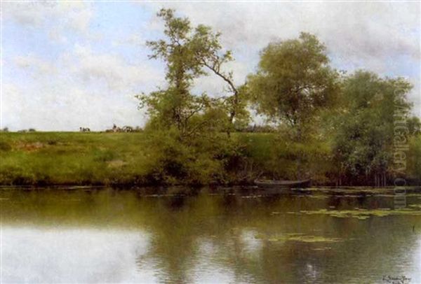 A Tranquil River Landscape With Waterlilies In The Foreground Oil Painting by Emilio Sanchez-Perrier